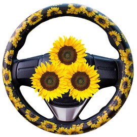 Evankin Sunflower Steering Wheel Cover Cute and Handmade,Leather Universal Steering Wheel Cover 15 inch, Fashionable Boho Sunflower Car Accessories for Women,Top Girl Car Accessories