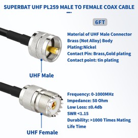 Superbat CB Coax Cable 6ft PL-259 UHF Male to Female Jumper RG58 Cable 50 ohm for Two Way Radio Antenna Switch, Antenna Analyzer, Dummy Load, SWR Meter etc.