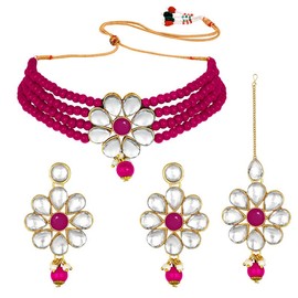 Aheli Gold Plated Kundan Faux Pearl Floral Choker Necklace Earrings with Maang Tikka Set Jewelry Gift for Women Rani Pink