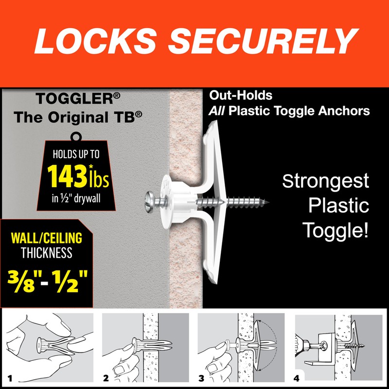 TOGGLER Toggle TB Residential Drywall Anchor with Screws, Polypropylene, Made