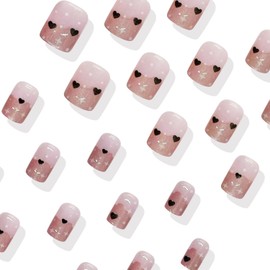 24Pcs Valentine's Day Press on Nails Short Fake Nails with Black White Love Polka Dot Four-Pointed Star Jump Color Designs, French Rose False Nails Heart Square Valentine's Stick on Nails for Women