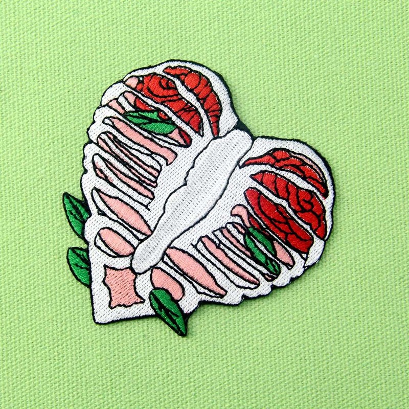 Anatomy Heart Shape Skeleton with Leaves Applique Embroidered Badge Iron