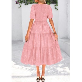 KIRUNDO Womens Summer Dresses Wedding Guest Floral Midi Sundress Short Puff Sleeve Flowy A Line Smocked Tiered Boho Dress(Pink, X-Large)