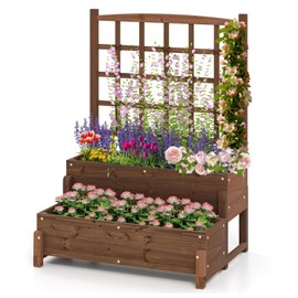 DREAMADE Fir Wood Raised Garden Bed with Trellis, 2-Tier Wooden Elevated Planter Box w/Drainage System, Garden Trellis for Flower, Vegetable, Fruit & Herb (1)