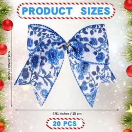 Canlierr 20 Pcs Chinoiserie Christmas Tree Bow Decorations 6 Inch Large Blue and White Wreaths Bows Ribbon Ornament for Xmas Tree Chinoiserie Ornaments Gift Wrapping Garland Holiday Party DIY Craft