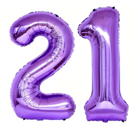 Purple 21 Number Balloons, 40 Inch Giant Number 21 Balloons Foil Mylar Helium Purple Number Balloons for 21th Birthday Party Supplies Anniversary Event Celebration Decorations