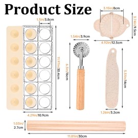 5 Pcs Ravioli Mold Set,12 Holes Ravioli Maker,Dumpling Lace Print,Press Ravioli Stamp Maker Cutter with Wood Rolling Pin,Wheat Straw Dumpling Maker with Filling Scoop,Dumpling Stamp Making Tools