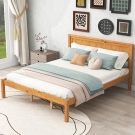 P PURLOVE Queen Size Bed Frame,Solid Wood Platform Bed with Headboard,No Box Spring Needed,Oak