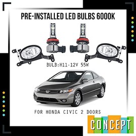 CONCEPT Fog Lights For 2006-2008 Honda Civic Coupe 2DR Fog Lights Lamps Left & Right Side with Bezels and Assembly Set L&R Side (With LED Bulbs)