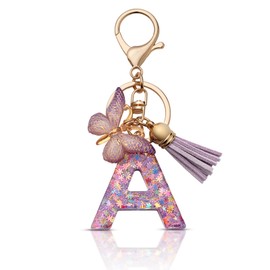 CHUQING Keyring Girl Key Ring Letter Key Pendant Butterfly Keyring with Initial Letters Women Keychain Gift, Lila-a