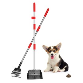 QiMH Upgraded Dog Pooper Scooper, Long Handle Stainless Metal Pet Poop Tray and Rake Set for Large Medium Small Dogs, Dog Waste Removal Bin Rake