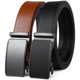 2 Pack Ratchet Belt 1 3/8", Leather Dress Belt with Click Sliding Buckle in Gift Set Box, Mens Adjustable Belt Trim to Fit (Carbon Fiber Black/Tan, 42"-52" Waist Adjustable)