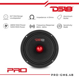 DS18 PRO-GM6.4B Midrange Loudspeaker 6.5" Red Aluminum Bullet, 480W Max, 4 Ohms,1.5" Kapton VC Premium Quality Audio Door Speakers for Car or Truck Stereo Sound System (1 Speaker)