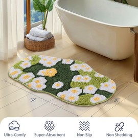 Naoloture Green Floral Moss Bathroom Rug Bath Mat, Ultra Thick Soft 3D Aesthetic Decor Cute Tufted Bath Rugs, Super Absorbent Non Slip Washable Moss Carpet for Shower Floor Sink Bedroom, 20x32 Inch