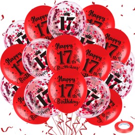 Red 17th Birthday Balloons for Boys Girls, 18Pcs Red Happy 17th Birthday Decorations Balloons 12 Inch 17th Birthday Latex Balloons Confetti Balloons for 17th Birthday Anniversary Party Supplies Decor