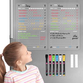 BIROYAL 2 Pcs Acrylic Magnetic Chore Chart for Kids Multiple Kids, 8”x12” Magnetic Chore Chart for Refrigerator, Weekly Dry Erase Chore Board with 6 Markers for Kids and Teens