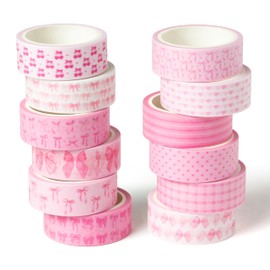 BkeeCten 12pcs Coquette Pink Washi Tape, Trendy Watercolor Pink Bow Cherry Preppy Aesthetic Decorative Tape, Cute Bowknot Heart Buffalo Plaid Artistic Tape for DIY Craft Scrapbook Wrapping Decor
