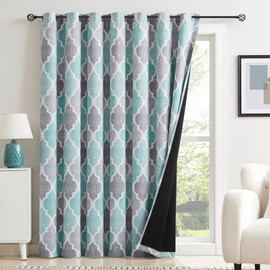 Beauoop 100% Blackout Curtains 84 Inches Long for Patio Sliding Door Aqua Grey Extra Wide Moroccan Geo Room Darkening Thermal Soundproof Room Divider Grommet Window Treatment Drapes,100x84 Set of 1
