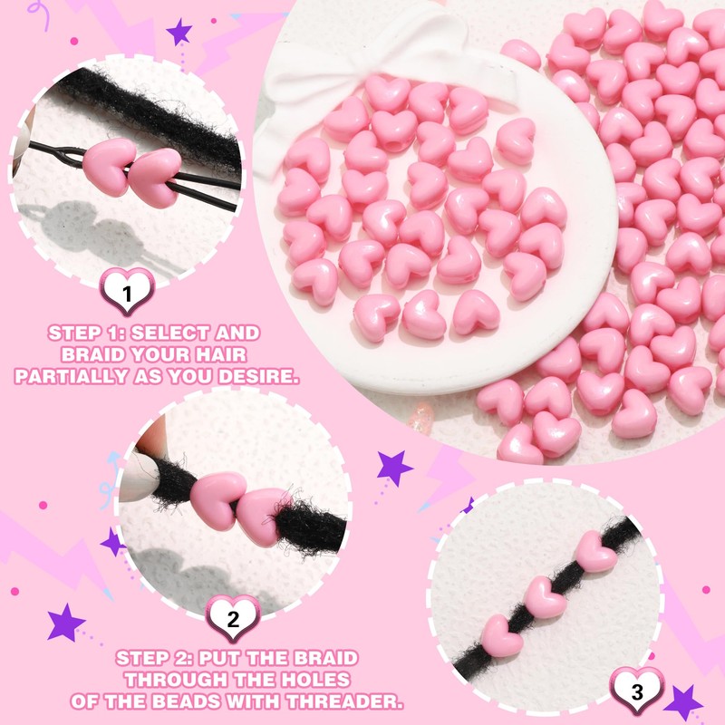 VENOFEN 90PCS Light Pink Heart Beads for Braids Hair Jewelry