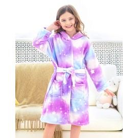 Doctor Unicorn Soft Hooded Rainbow Bathrobe Sleepwear for Girls (Purple Star Dots, 4-5T)