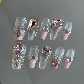 Ricefod Press on Nails Handmade Princess Style Fake Nails Pink French Tip Nails Set with Shining Diamonds Coffin Press on False Nails for Women and Girls, Size:Large