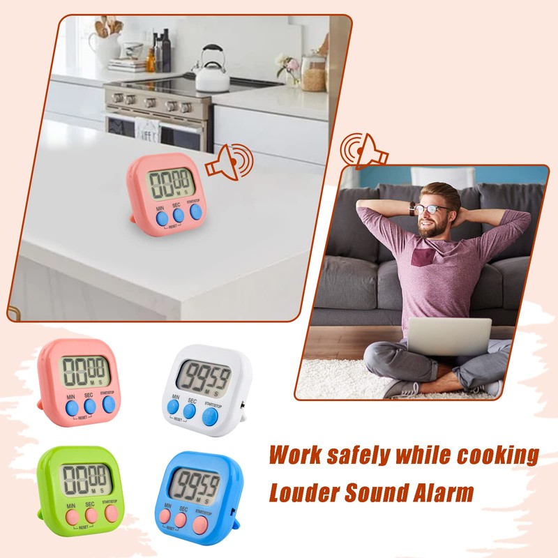 4Pcs Kitchen Timer, Kikuo Digital Timer, Big Digit Magnetic Clock,