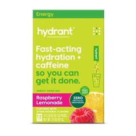 Hydrant - Energy Electrolyte Powder, Raspberry Lemonade Flavor, 12 Caffeine & L-Theanine Energy Rehydration Stick Packs - Low Sugar Energizing Powder for Daily Use