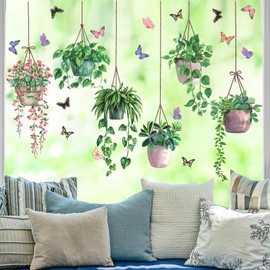 ANHUIB Spring Plant Window Stickers Green Leaves Flower Birds Window Clings Tropical Botanical Cactus Window Stickers Hanging Green Potted Plant Window Decals Anti-Collision Glass Sticker