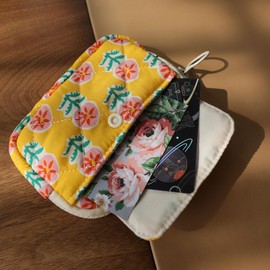 Miucatch Credit Card Case, Coin Case, Storage Bag, Mini, Flower Pattern, Cute Pouch, Ladies, Large Capacity, Canvas, Cute, Lightweight, orange