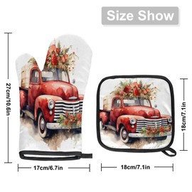 Red Truck Flower Oven Mitt Pot Holder Sets for Kitchen Heat Resistant Oven Gloves Hot Pads Non-Slip Mittens Potholders Insulated Pan Pads Decorative Home for BBQ Baking Cooking Grilling