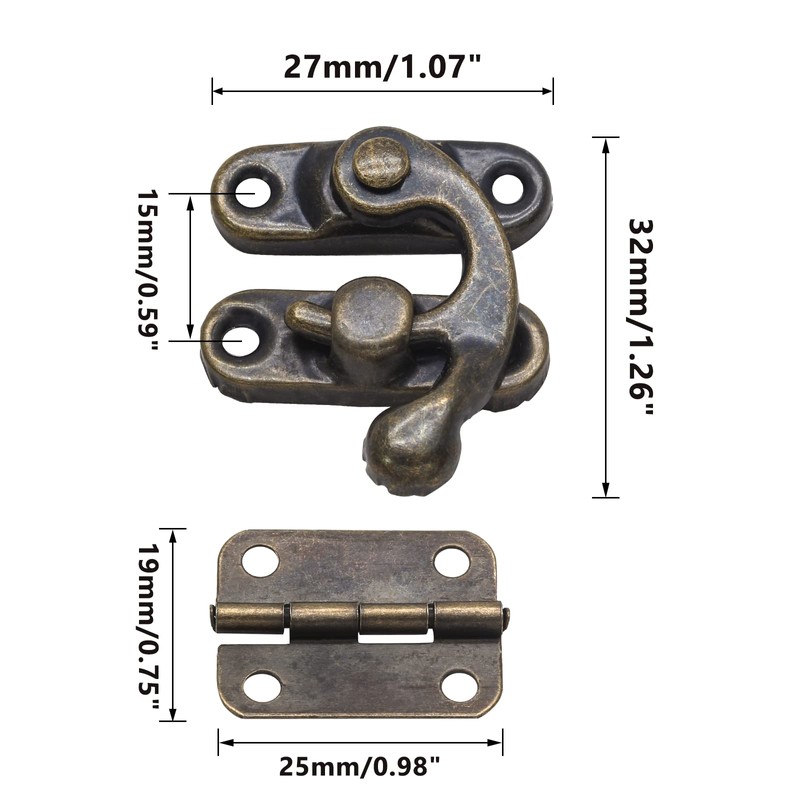 Kyuionty Antique Bronze Right Latch Hook Hasp, Small Box Hinges