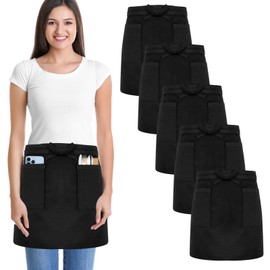WenYa 5 Pack Black Waterproof Waist Apron for Waiters and Waitresses, Half-Length Unisex Server Aprons with 2 Pockets, Durable & Easy-Clean for Kitchen, Cooking, Restaurant, Cleaning, Gardening