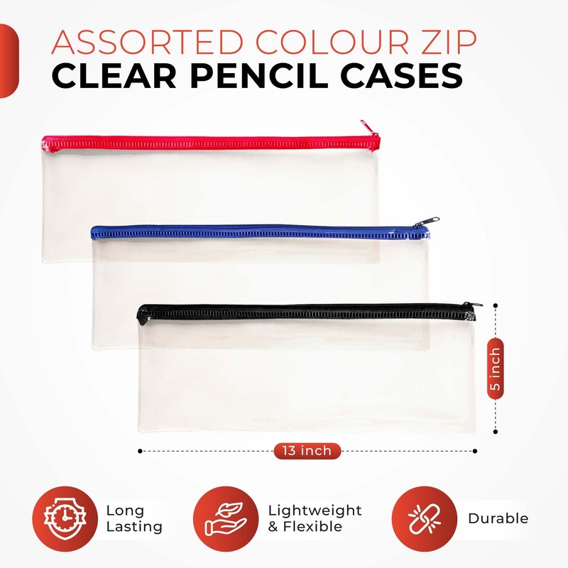 Janrax 13x5 inch Red Zip Clear Exam Pencil Case