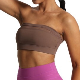 Aoxjox Women's Workout Strapless Bandeau Bra Mesh Sports Bras Training Fitness Running Yoga Crop Tank Top (Fudge Coffee, X-Small)