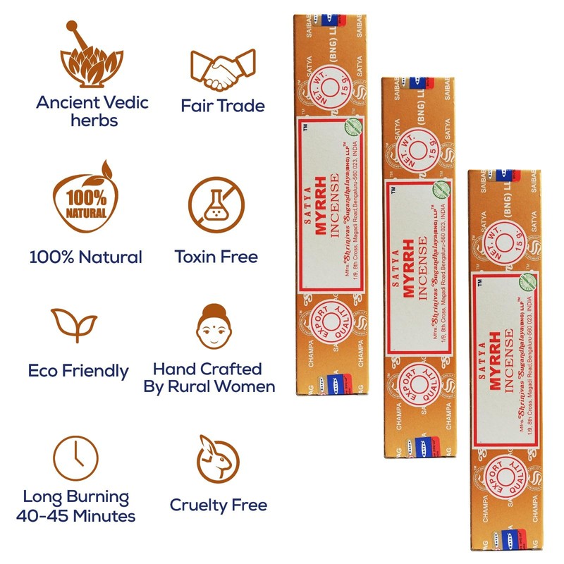 Satya Myrrh Incense Sticks, Satya 15gmx12 Pack with Raajsee Incense