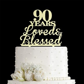 JIEEIN Decoración para tartas de 90 años Loved & Blessed – Decoración para fiestas de aniversario de boda – Espejo acrílico dorado
