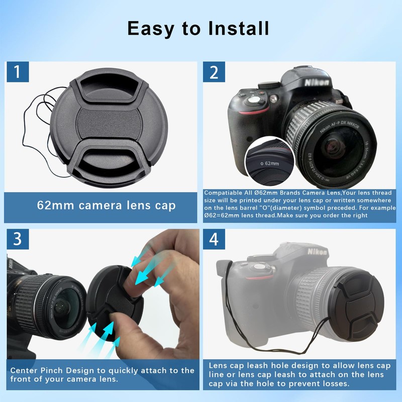 62 mm snap-on lens cap, extra strong springs, camera protective