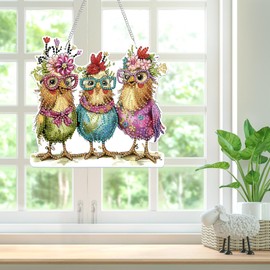 Lxmsja 5D Diamond Painting Pendant Chicken, Animal Diamond Painting Children Adults, Hanging Ornament Craft Set Creative Set for Adults Gift Girls 7 8 9 10 11 Years, Wreath Door Window Decoration