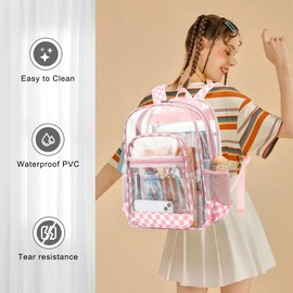 Dezcrab Clear Backpack for School Girls Boys, Heavy Duty Transparent Backpack Kids See-Through Clear Bookbag (Checkered Pink)