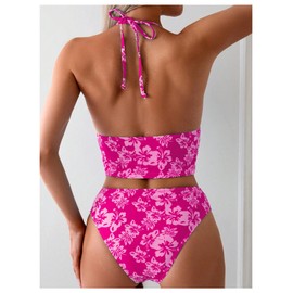 Floerns Women's Floral Print Halter Neck Tankini Top Two Piece Bathing Swimsuit Hot Pink Medium