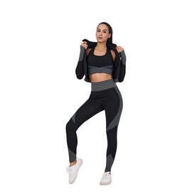 LILISEN Women's 3-Piece Seamless Workout Set – High-Waist Leggings, Sports Bra & Crop Top – Yoga & Fitness Gym Activewear (US, Alpha, Medium, Regular, Regular, Black&Grey)