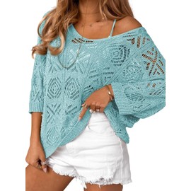 Dokotoo - Suéter de manga 3/4 para mujer, diseño de ganchillo para primavera y verano, 2025, Azul/claro, Small