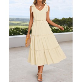 ZESICA Women's 2025 Summer Boho Casual V Neck Sleeveless Midi Dresses Tie Shoulder Flowy Tiered A Line Beach Long Sundress,Apricot,S