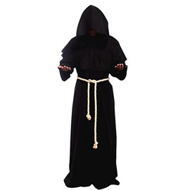 Cos2be Medieval Priest Monk Robe Hooded Cloak Wizard Sorcerer Cape (XX-Large,Black Robe)