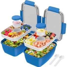 Cherrysea 2Pack Salad Lunch Container, 68oz Salad Bowls with 4 Compartments Tray,Leak Proof Lunch Box with Fork for Men,Women BPA-Free Snack Container with Sauce Container for Dressings - Blue