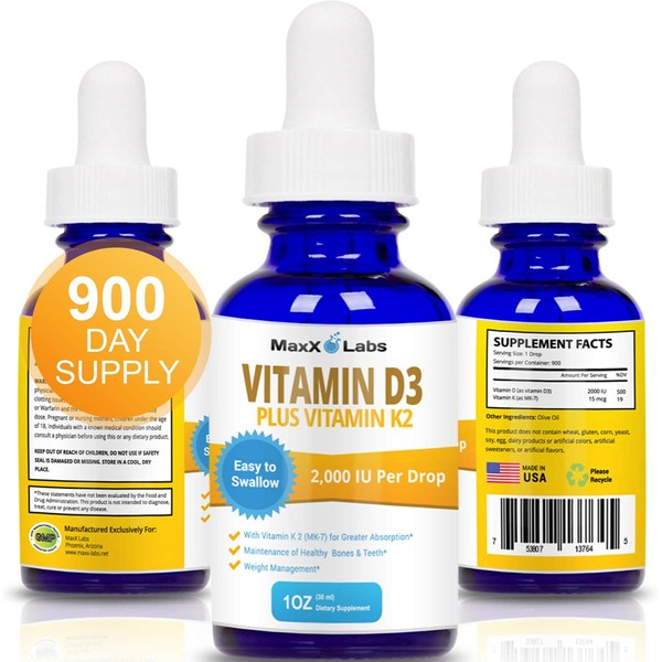 Vitamin D3 Liquid Drops with Vitamin K2 MK7 - New - Full 2000IU Per Drop - Vitamin D 2000 IU Effective, Safe - 4-5 Times Stronger Than Other Brands - 900 Doses in 1 Oz Dropper Bottle