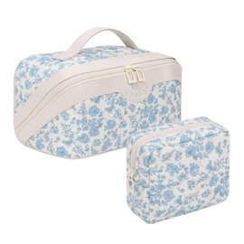 Travel Makeup Bag, 2Pcs Set Large Capacity Cosmetic Bags for Women- Lightweight Open Flat Toiletry Bag Make up Organizer- Wide Open Portable Pouch Clear Divider and Handle- Blue Flower