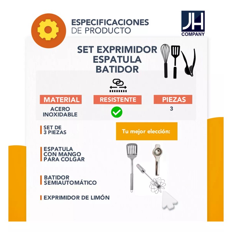 J.H. Company Set Exprimidor Espatula Batidor Acero Utensilio Para Cocina
