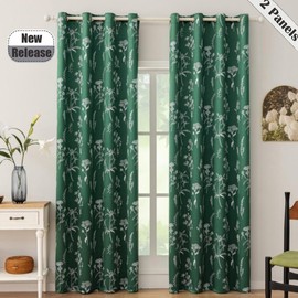 F-CHU Green Blackout Curtains for Bedroom 63 inch Long 2 Panels Botanical Floral Curtains Black Lined Curtains Thermal Insulated Room Darkening Grommet Window Drapes,52Wx63L Green