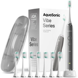 Aquasonic Vibe Series Ultra-Whitening Toothbrush – ADA Accepted Electric Toothbrush - 8 Brush Heads & Travel Case – 40,000 VPM Motor & Wireless Charging - 4 Modes w Smart Timer – Charcoal Metallic